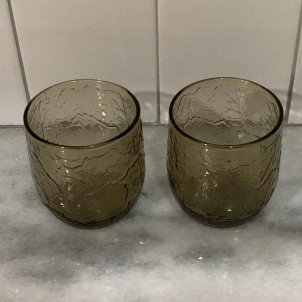 Anchor Hocking‎ Sherwood Spicy Brown Lowball Glasses, Set of 2, Vtg Leaf Design